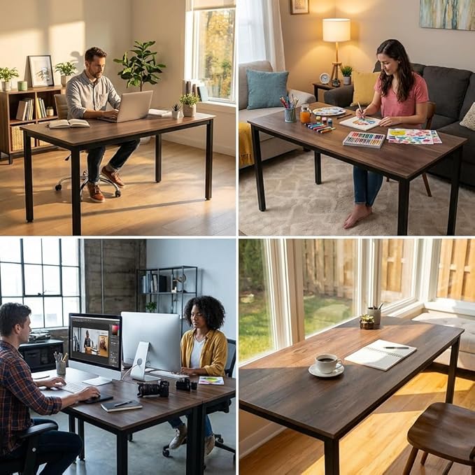 55 inch Large Computer Desk Wood Modern Simple Style Desk for Home Office Bedroom Study Student Writing Desk Small Spaces Black Metal Frame Walnut Top