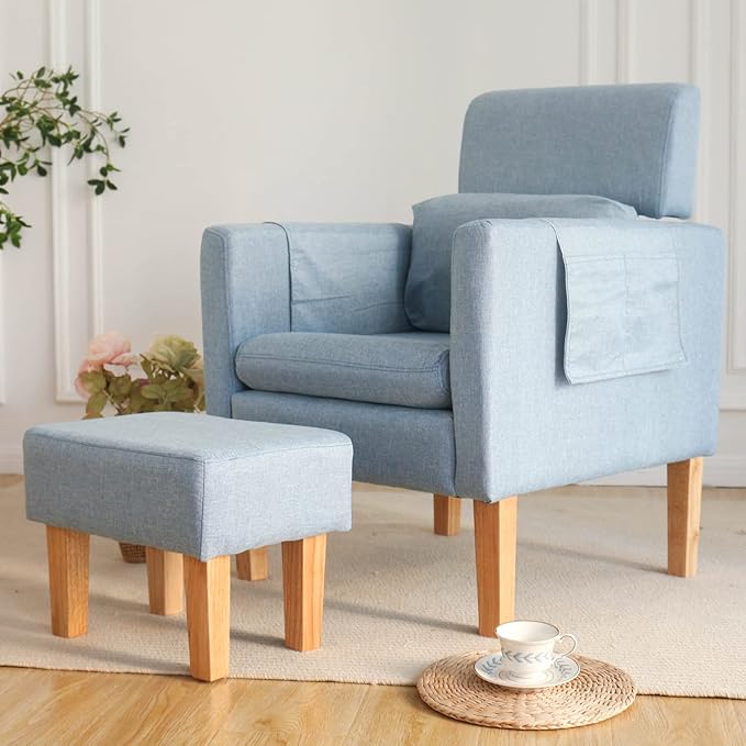 TAKUKA Modern Accent Chair with Ottoman SetComfy Fabric Armchair with Footrest Upholstered Chair with Side Pocket Soft Reading Lounge Chair for Living RoomBedroomOffice (Water Blue)