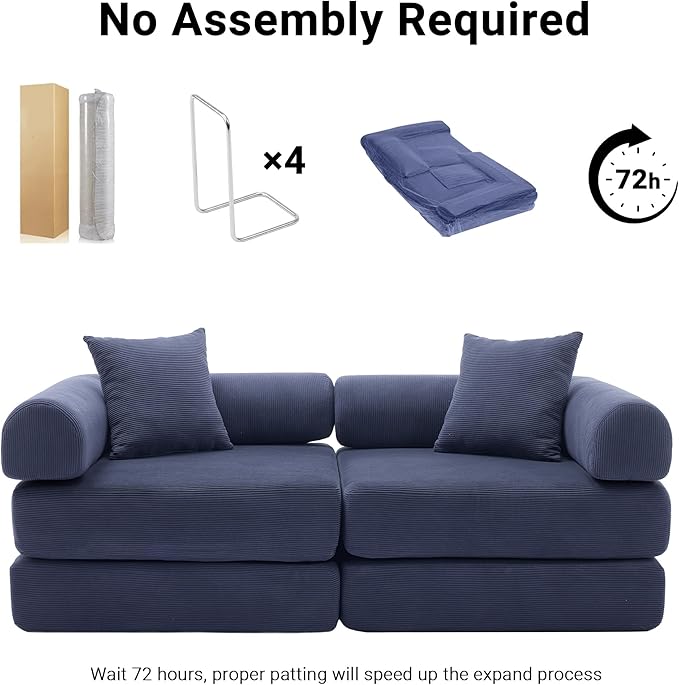 73 Convertible Sleeper Sofa Bed Corduroy Boneless Couch in a Box 4-in-1 Folding Mattress Loveseat Couch Comfy Modular Foldable Floor Sleeper Sofa with 2 Pillows and Fixed-Shape Frame (Blue 73)
