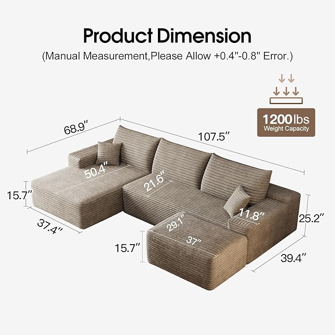 107 Comfy U-Shaped Sectional Modern Boneless Corduroy Couch with Chaise ‌and Ottoman‌ - No Assembly Required! Deep-Seat Upholstered Modular Cloud Sofa for Living Room Plush Corduroy Fabric(Camel)