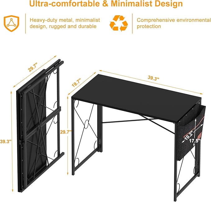 VECELO 39 Inch Folding Desk Simple Assembly Desk Writing Computer Desk for Home Office Study Office Desk Foldable Table for Small Spaces Black