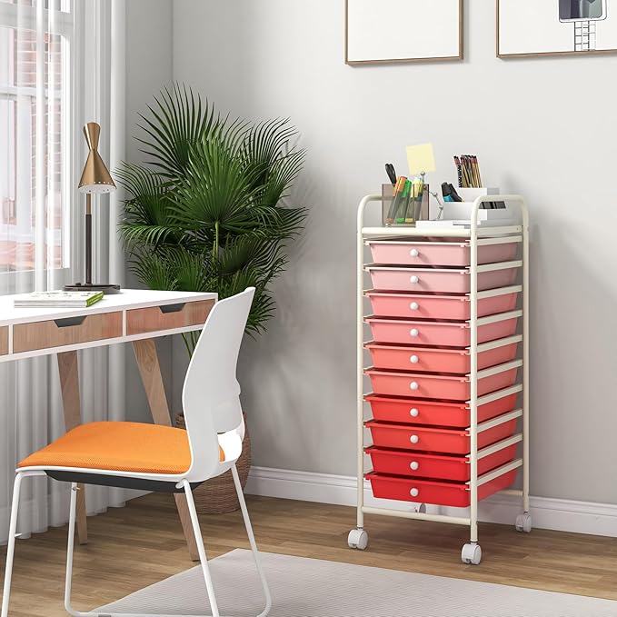 Giantex 10-Drawer Storage Cart w/Universal Wheel Rolling Cart w/Handle Home Organizer Storage Unit w/Removable Drawers Trolley Utility Cart for Kitchen Makeup Living Room Office Play Room