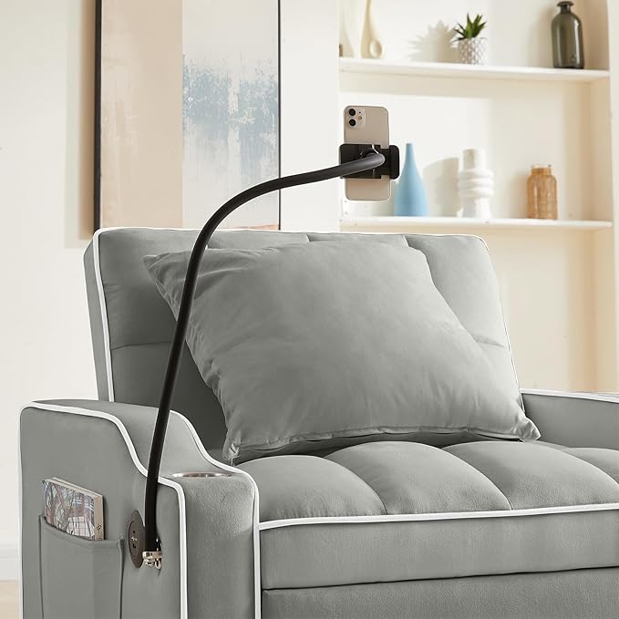 3-in-1 Convertible Futon Sofa Bed Chair Velvet Tufted Upholstered Pull Out Sleeper Chair with Adjustable Backrest &amp Swivel Phone Holder &amp USB Ports Modern Lounge Armchair for Living Room(Gre