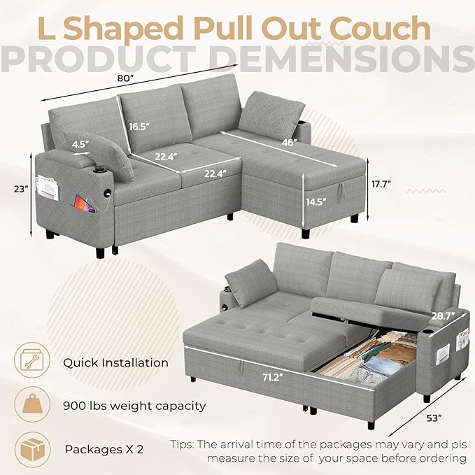 Sleeper Sofa Couch with Pullout Bed 83.5'' L Shaped Convertible Sofa Bed Couches for Living Room Small Apartment Pull Out Couch with USB Storage Chaise Cup Holder Linen Fabric Light Grey
