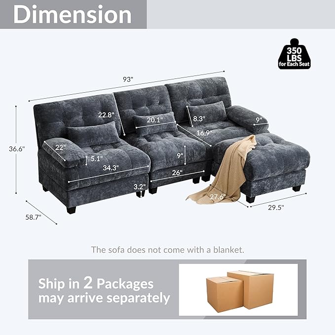 93 3+1 Seater Sofa with Ottoman - 4-Position Adjustable Backrest 350lb/Seat Soft Chenille Fabric 3 Throw Pillows Easy Assembly (Blue)