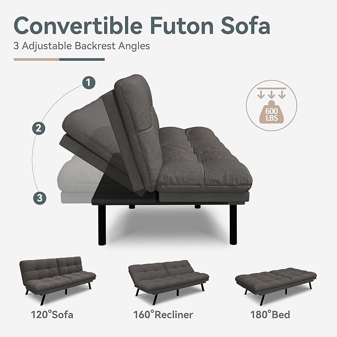 Opoiar Convertible Futon Sofa Bed Grey Linen Futon Couch with Adjustable Backrest &amp Armrests Folding Small Recliner Sleeper Sofa Bed for Living Room Apartment Office