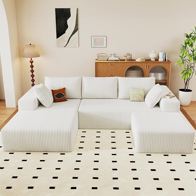 96 W Cloud Sectional Couch with OttomanModern U-Shaped Cloud Couch with Deep SeatComfy Corduroy 3-Seater SofaMemory Foam Sofa for Living RoomNo Assembly (WhiteLeft-Facing Chaise)