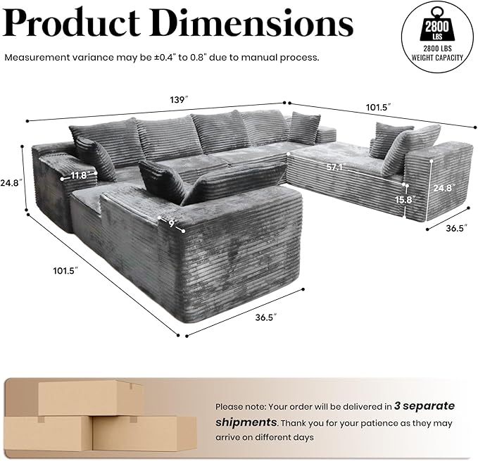 139'' U Shaped Sectional Couches for Living Room 8 Seater Faux Fur Modular Boneless Cloud Sofa with Chaise Lounges 4-in-1 Flexible Combination Deep Seat Corner Large CouchNo Assembly Light Grey