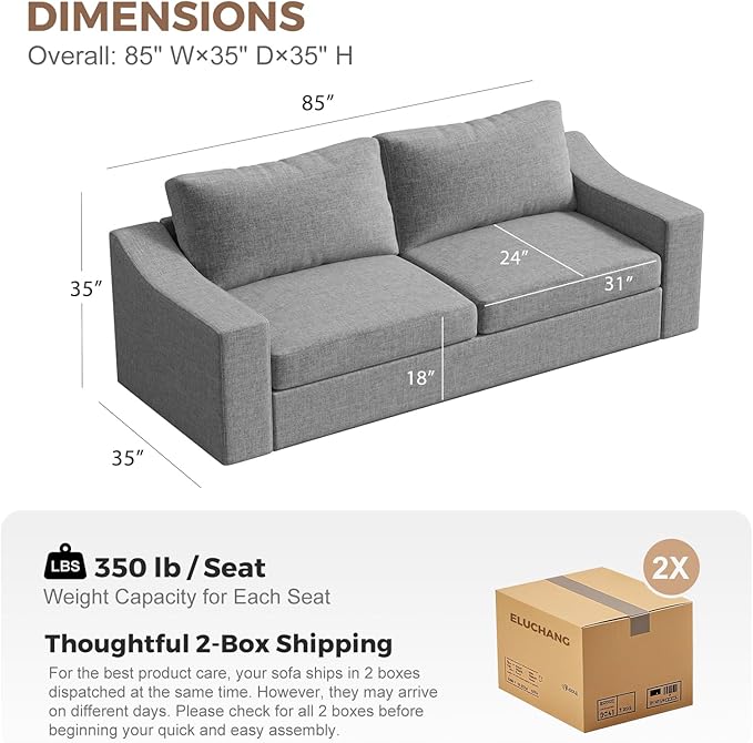 ABCASA 85 Oversized 3-Seater Couches for Living RoomModern Linen Sofa with Removable Cover Wide Armrest Solid Wood Frame Loveseat Sofa for Bedroom Office Apartment Easy to Assemble Grey | Breat
