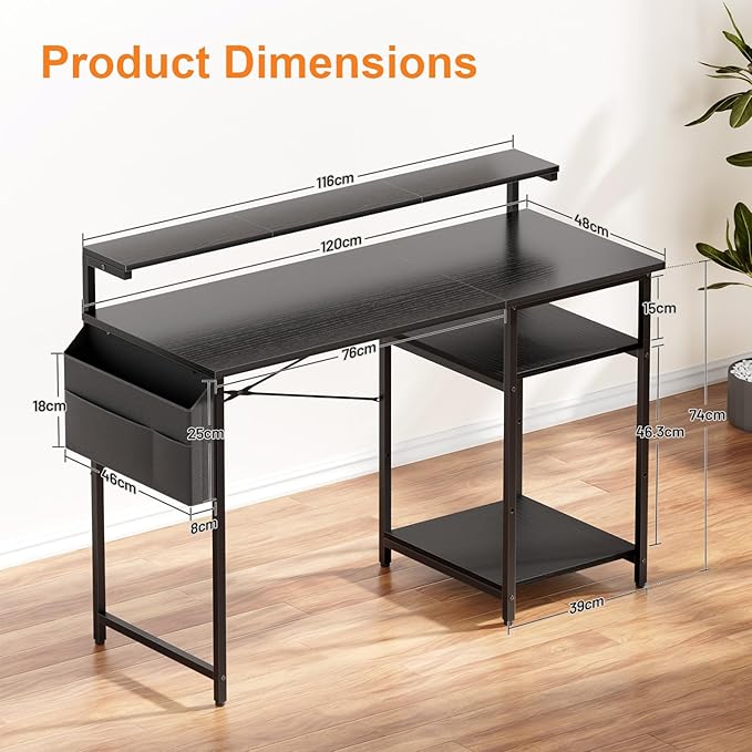 HLDIRECT Computer Desk with LED Lights 47Inch Gaming Desk with Monitor Stand &amp Side Storage Shelves Writing Study Table with Storage Bag for Home Office and Bedroom Black