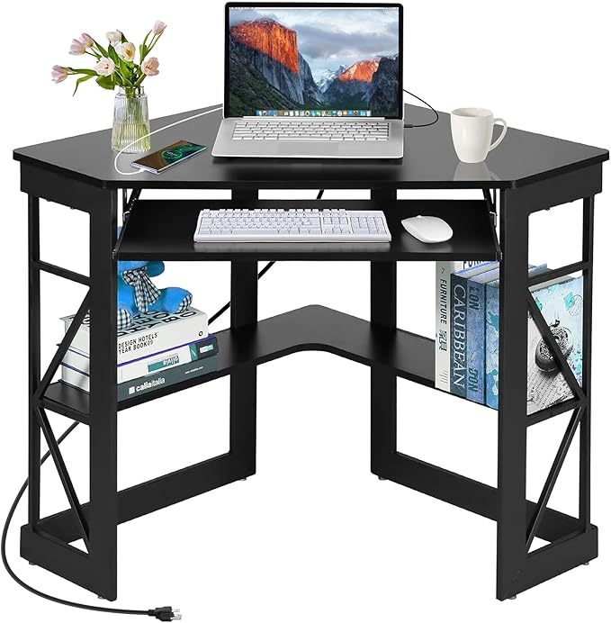 VECELO Corner Computer Desk 41x30 inches with Charging Station &amp Keyboard &amp Storage Shelves for Small SpaceTriangle Table for Home Office BedroomBlack