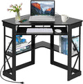 VECELO Corner Computer Desk 41x30 inches with Charging Station &amp Keyboard &amp Storage Shelves for Small SpaceTriangle Table for Home Office BedroomBlack