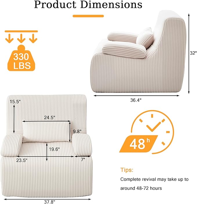 AHMED Boneless Chair Corduroy Cloud Chair Foam Couch with Wide Armrest&ampPillow No Assembly Reading Single Sofa for Living Room/Bedroom/Apartment Beige