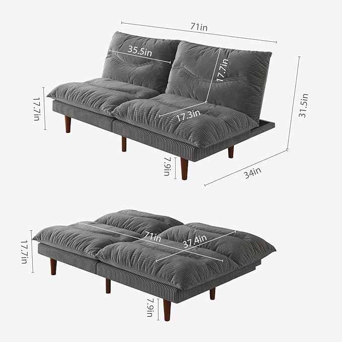 LLappuil Futon Sofa Bed 69 inch Futon Couch with Adjustable Backrest Corduroy Convertible Sleeper Sofa Bed Folding Sleeper Recliner Loveseat for Apartment Living Room Office (Grey)
