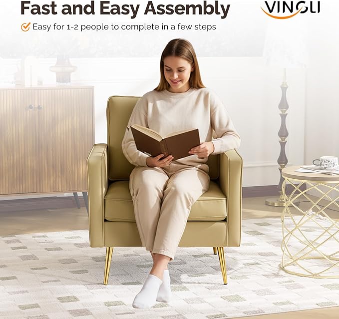 VINGLI Modern PU Leather Accent Chairs Set of 2 Single Sofa Chair with Pocket Coil Seat Metal Backrest &amp Solid Wood Frame Upholstered Armchair for Living Room Bedroom or Office