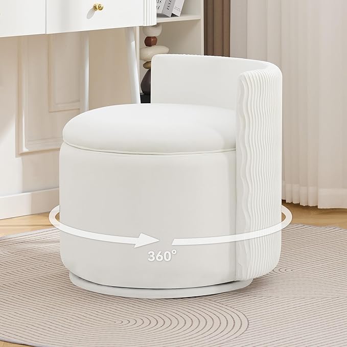 Large Velvet Vanity Chair with Storage 360° Swivel Makeup Chair with Wave Back No Assembly Small Accent Stool for Bedroom Dressing Living Room White