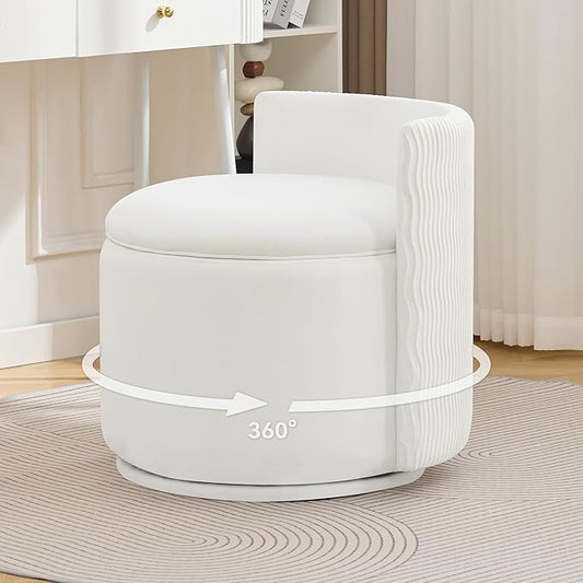 Large Velvet Vanity Chair with Storage 360° Swivel Makeup Chair with Wave Back No Assembly Small Accent Stool for Bedroom Dressing Living Room White