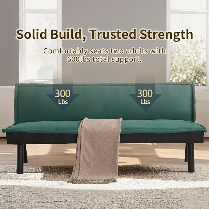 Futon Sofa Bed Couch 64.6 Convertible Sleeper Sofa with 5 Positions Adjustable Backrest Velvet Couch Bed with Solid Wood Frame for Home Office Living Room Guest Dorm Green