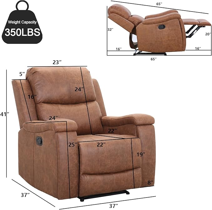 Brown Recliner Chair Single Overstuffed Sofa Recliners Breathable Faux Leather Manual Reclining Chairs with Hidden Cup Holder Arm and Back for Adults Living Room Bedroom Brown