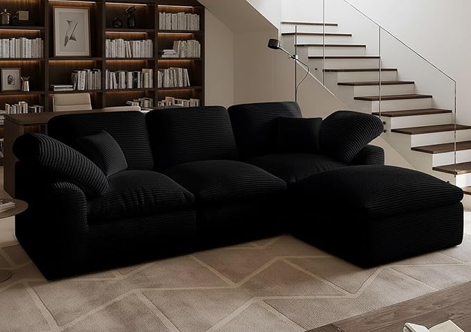 Cloud Sectional Couches for Living Room 4 Seater Cloud Modular Couch L Shaped Corduroy Sectional Sofas with Ottoman Boneless Comfy Sofa for Apartment No-Assembly Black