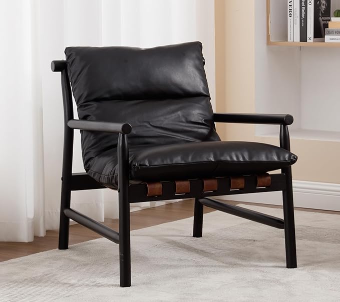 Mid Century Modern Sling Accent Chair Faux Leather Living Room Chair with Solid Wood Frame Comfy Upholstered Single Sofa Armchair for Lounge/Bedroom/Reading Black