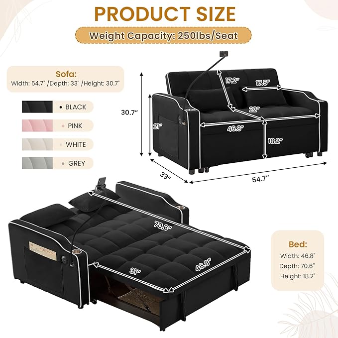 KINFFICT Sleeper Sofa Couch Bed with Phone Holder Modern 3-in-1 Convertible Velvet Pull Out Loveseat Futon Sofa with USB &amp Type C Port &amp Cup Holder for Living Room Bedroom Office