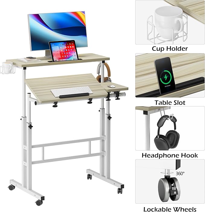 SDHYL 31.5 inches Movable Laptop Desk with Mouse Board Adjustable Height and Angle Anti-Slip Workstation Home Office Desk with Tablet Slot Portable Student Desk Maple