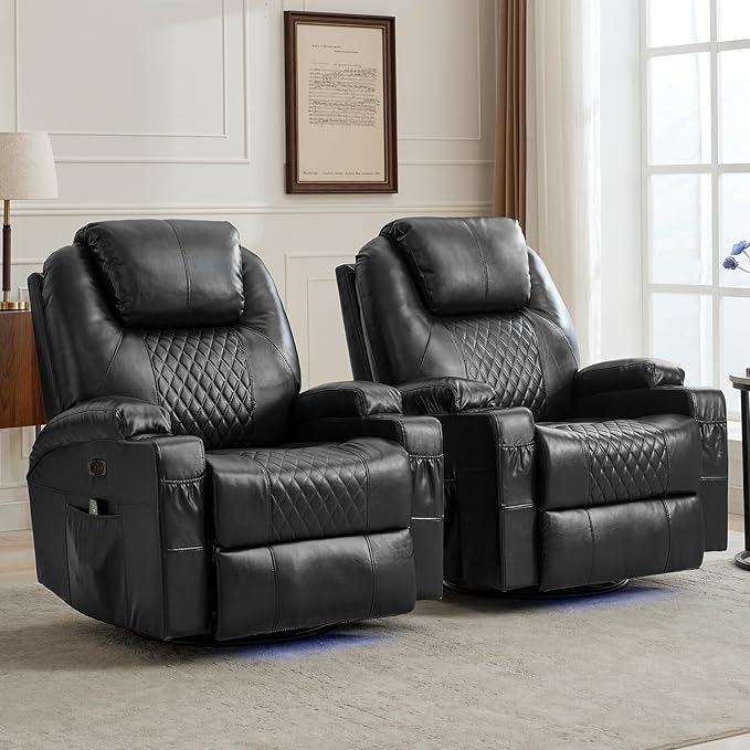 Power Swivel Rocker Recliner Chair for Adults with Heat and Massage LED Lights USB-A and USB-C Ports Electric Glider Recliner Nursery Chair for Living Room (Black Set of 2)