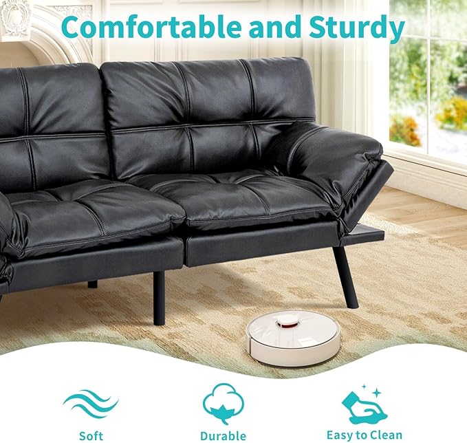 MUUEGM 71 Convertible Futon Sofa Bed Multi-Position Adjustable Back &amp Arms Space-Saving Comfortable Sleeper Couch Modern Loveseat for Urban Apartments &amp Offices – Matte Black