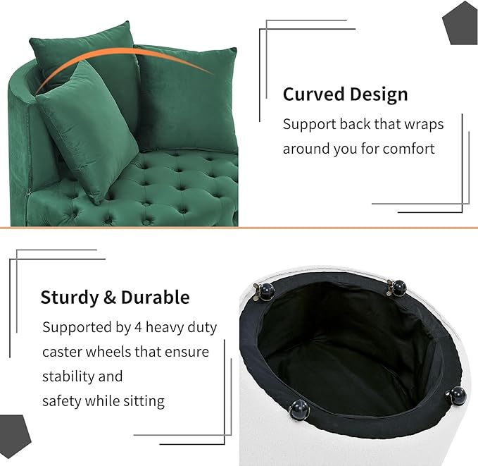 GNIXUU Swivel Barrel Accent Chair 30” Modern Velvet Round Swivel Chair with 3 Pillows and Wheels Comfy Tufted Single Club Sofa Lounge Chair for Living Room Bedroom(Green).