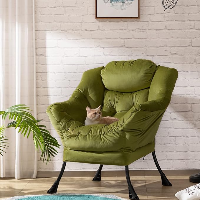 HollyHOME Lazy Chair with Armrest and Side Pocket Comfy Accent Lounge ChairLeisure Sofa Armchair for Living Room Bedroom Dorm or Small Spaces Oversized Reading Sofa ChairVelvet Olive Green