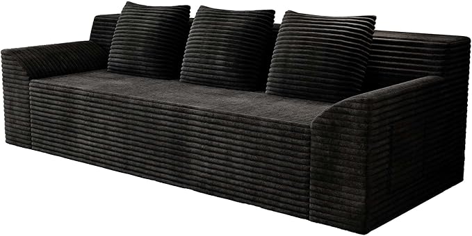 71 Small Boneless Couch Corduroy 3 Seater Couch for Living Room with 3 Pillows &amp Armrests Deep Seat Sofa for Small Spaces Apartment﻿ (Black) | Small Boneless Couch