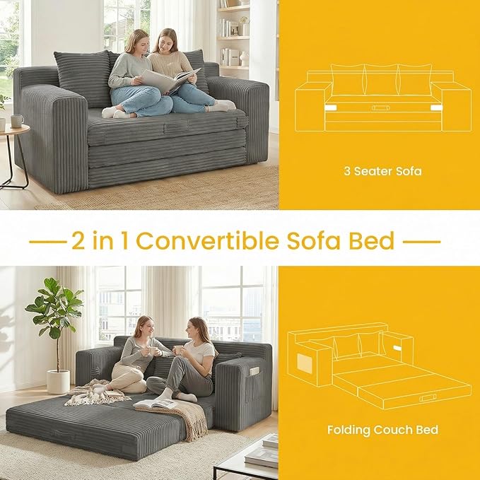 Boneless Couch Sleeper Sofa Bed: 3-in-1 Convertible Sofa Bed with Side Pockets &amp HandlePull Out Couch with 3 PillowsFolding Futon for Small SpaceLiving Room &amp Bedroom