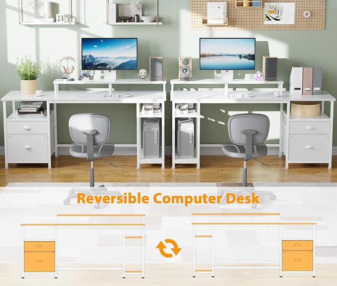 Furologee 61 Computer Desk with Fabric File Cabinet &amp Drawer Reversible White Table with Storage Shelf Office Desk with Long Monitor Stand Writting Table Workstation for Home/Office/White
