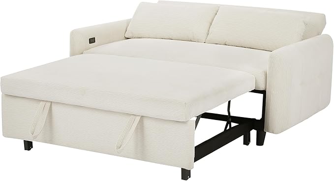 Pull-Out Sofa Bed Convertible Couch 2 Seat Loveseat Sofa Corduroy Fabric Upholstered Sleeper Sofa with 2 Throw Pillows and USB Ports for Living Room Office Apartment (Beige)