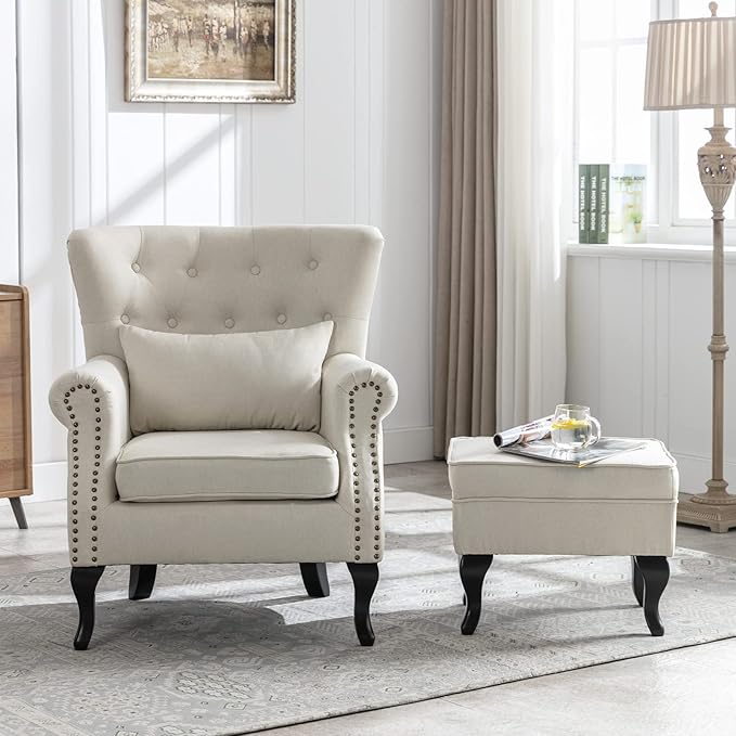 Mid Century Modern Accent Chair Upholstered Armchair Comfy Linen Fabric Tufted Wingback Single Sofa with Ottoman for Bedroom Living Room Beige