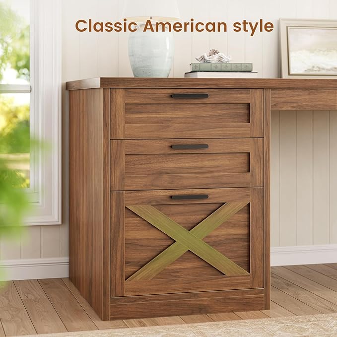 SEDETA 67 Farmhouse L Shaped Desk with 3 Drawers Executive Home Office Desks with Storage Shelves Corner Computer Desk with Power Outlets for Home Office Brown