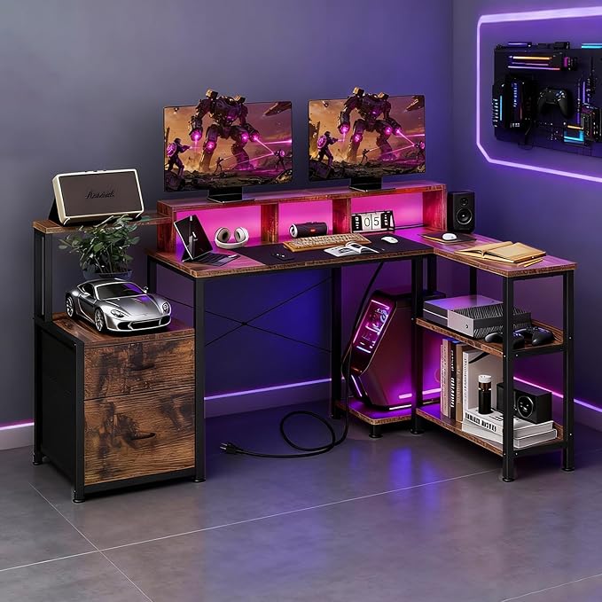 GTPLAYER 73 L Shaped Gaming Desk Reversible Computer Desk with Power Outlets &amp LED Lights Home Office Corner Desk with Storage Shelves Monitor Stand and Tower Space Rustic Brown