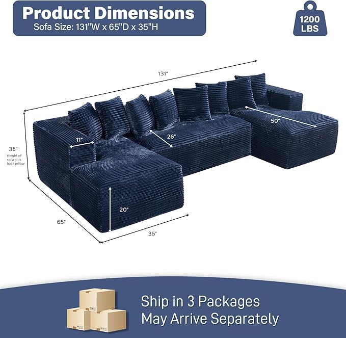 131 Oversized U Shaped Cloud Sectional Couches for Living Room Comfy Fluffy Corduroy Blue Boneless Sectionals Couch Plush Memory Foam Modular Sectional Sofa with Double Chaise- 20 High Seat