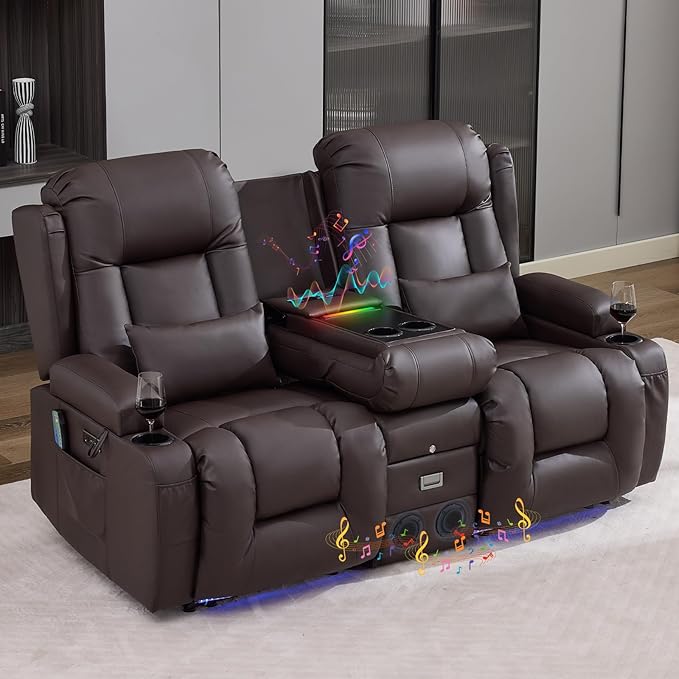 IPKIG Power Loveseat Recliner Sofa with Flip-Up Backrest Console Drawer AC Outlet LED Light Wall Hugger Recliners for Living Room RV Home Theater (Chestnut Console with Music LED)
