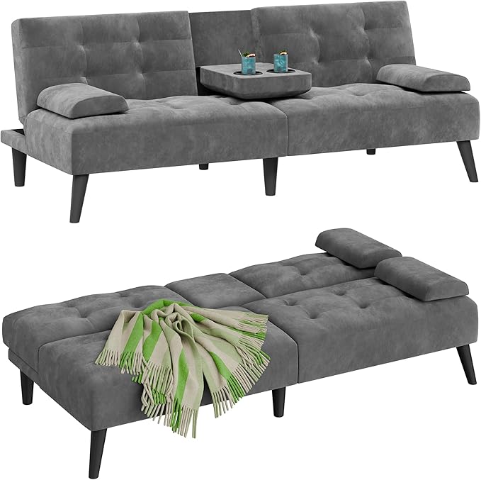 JAMFLY Futon Couches Loveseat Sofa Bed Convertible Lazy Futon Sofa Bed with Cup Holder for Small Spaces Bedroom Living Room Apartment Dorm （Dark Grey）