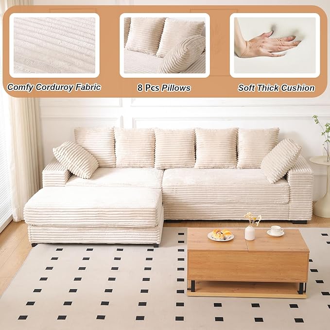 108.6 Corduroy Modular Sectional Sofa with Ottoman &amp Storage Modern Deep-Seat L-Shaped Sectional with 8 Pillows Cloud-Like Couch for Living Room Office &amp Apartment Beige