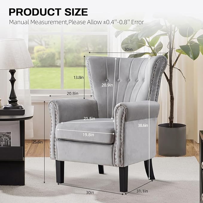 Velvet Accent Chair with Arms Modern Wingback Tufted Armchair Soft Cushioned Club Chair with Solid Wood Legs for Living Room Bedroom Home Office Light Grey