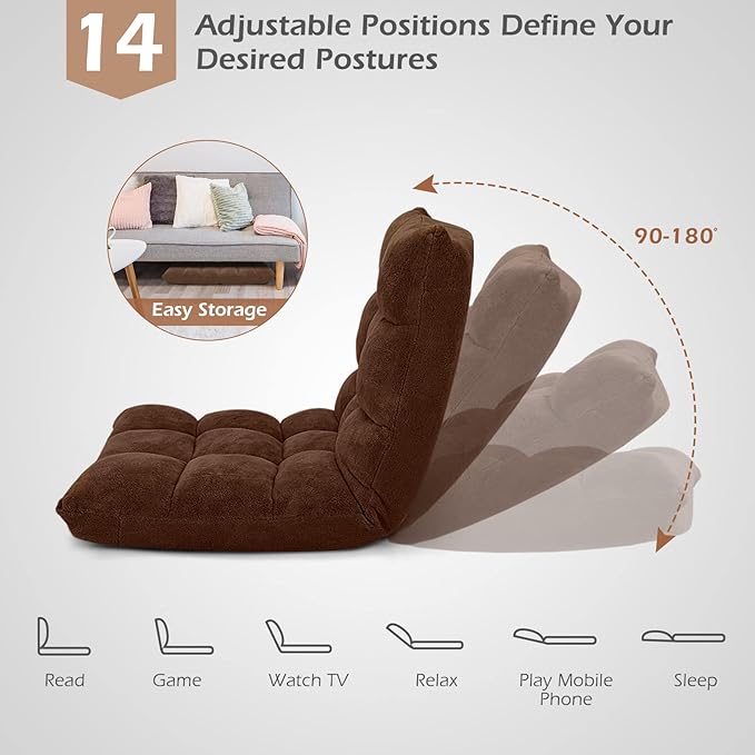 LDAILY 14-Position Floor Chair Adjustable Gaming Chair with Strong Back Support Padded Cushion Folding Couch Recliner Sofa Ideal for Floor Seating Reading Gaming(Coffee)