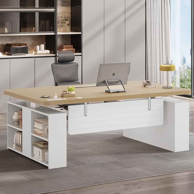 SEDETA 63 Executive Standing Desk with Storage Executive Height Adjustable Desk with Power Outlets Large Computer Office Desk with Privacy Panel for Home Office Natural Oak