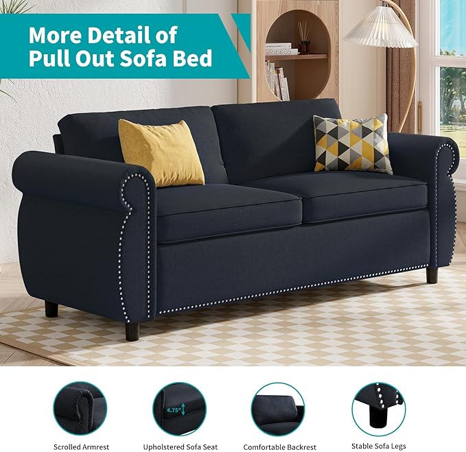 BALUS Pull Out Sofa BedQueen Size Sleeper Sofa Couch with Memory Foam Mattress 2-in-1 Convertible Pullout Couch Bed for Living Room Office Apartment-GreyQueen