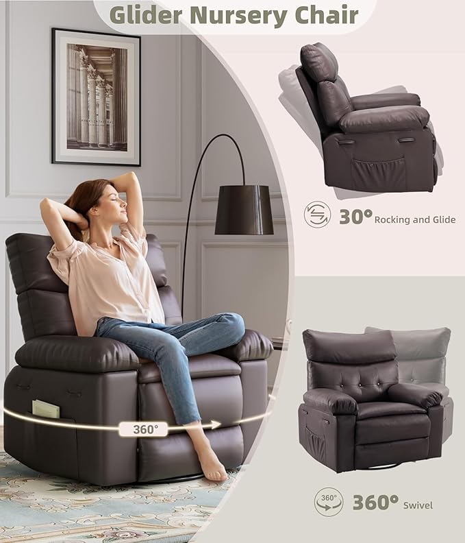 Oversized Wide Rocker Swivel Recliner Chair PU Leather Manual Recliner for Adults Large Nursery Glider Chair with Comfortable Arms &amp Back for Living Room Bedroom Coffee