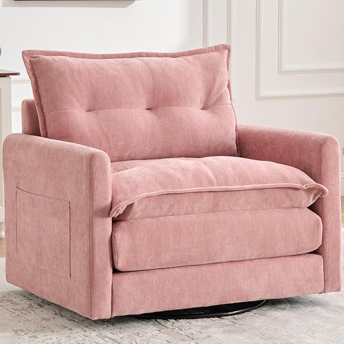 Oversized Swivel Chair 36 Chenille Swivel Armchair Accent Chair for Living Room Mid Century Modern Comfy Thick Padded Arm Chairs Pink