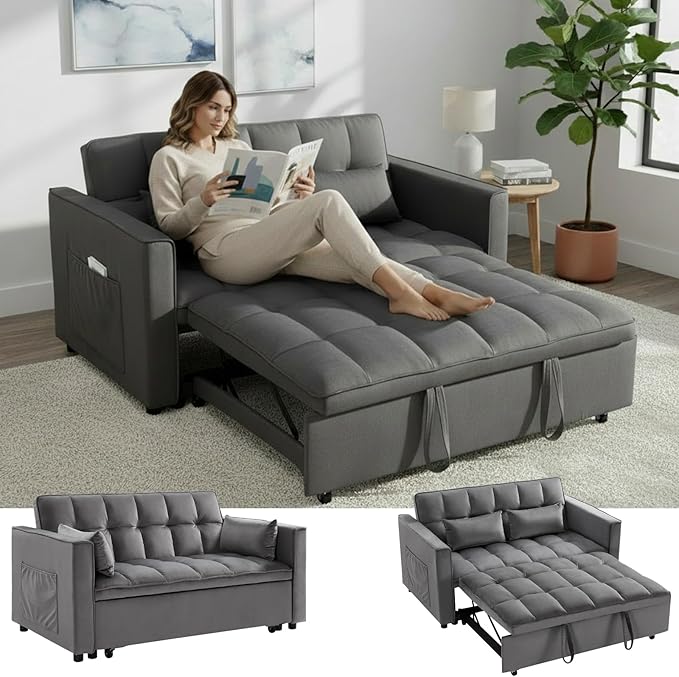 70 3 in 1 Pull Out Couch Loveseat Sleeper Sofa with Side Pockets Convertible Velvet Fabric Sofa Bed for Living Room Bedroom Apartment Easy Assembly Grey