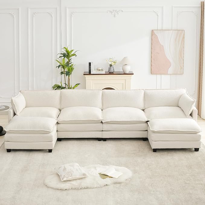 ROWHY Oversized Modular Sectional Couch with 2 Movable Ottoman 148 Modern Convertible U Shaped Sofa Set 4 Seat Comfy Cloud Couch with 2 Throw Pillows for Living Room and Office Chenille Beige